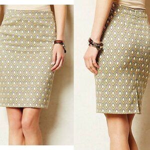 Anthropologie Adamas Pencil Skirt Geometric Diamond Print Cream Grey Yellow